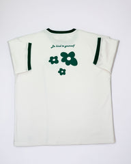 Kindness, flower design cream color oversized crew neck tshirt