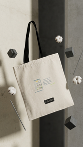 Beige tote bag with a brand logo on a textured wall background