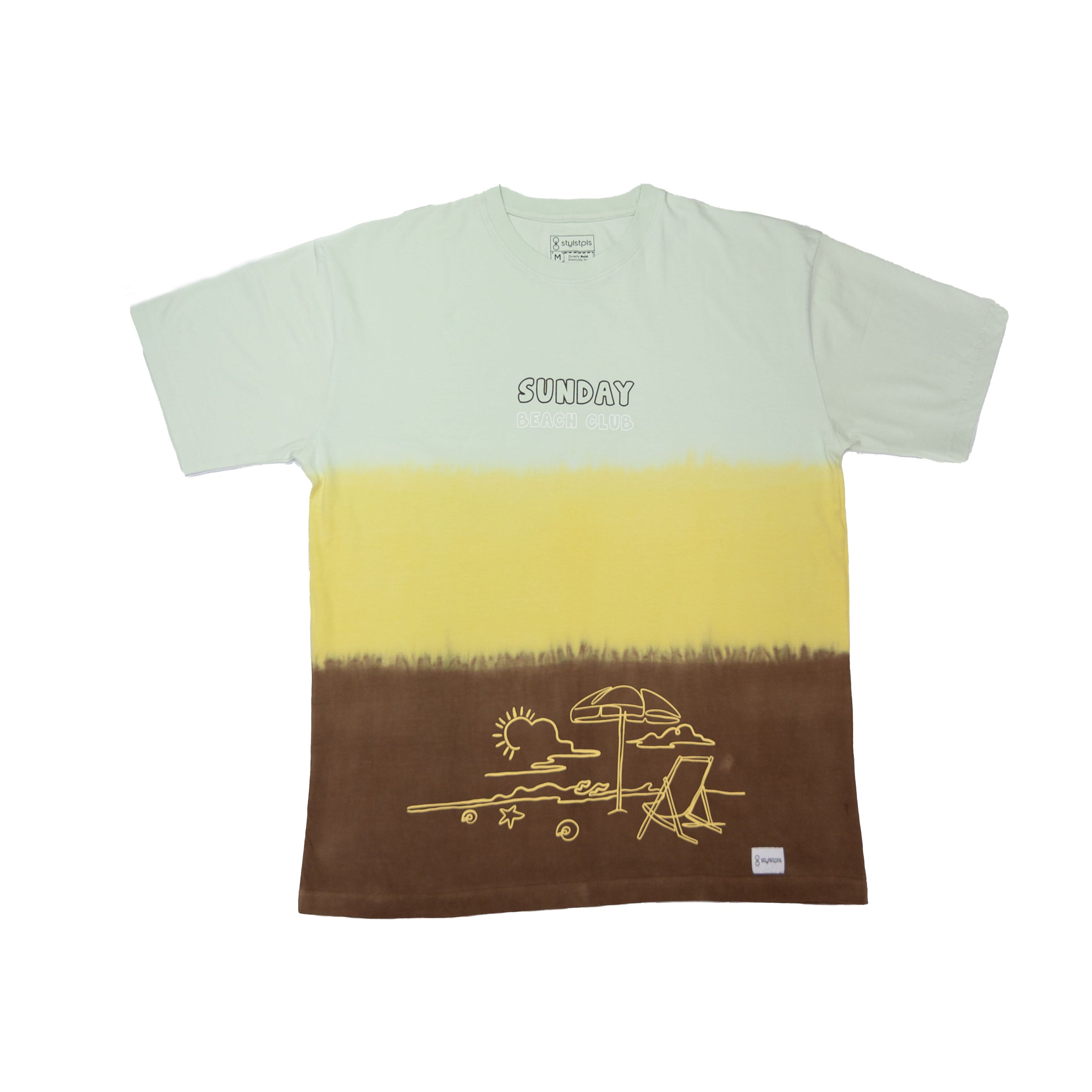 T-shirt with a gradient design from light green to brown, featuring a graphic and text on a white background.