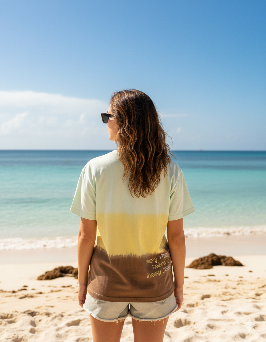 Person wearing a sunday club tshirt from stylstpls standing on a beach with clear blue sky and ocean.