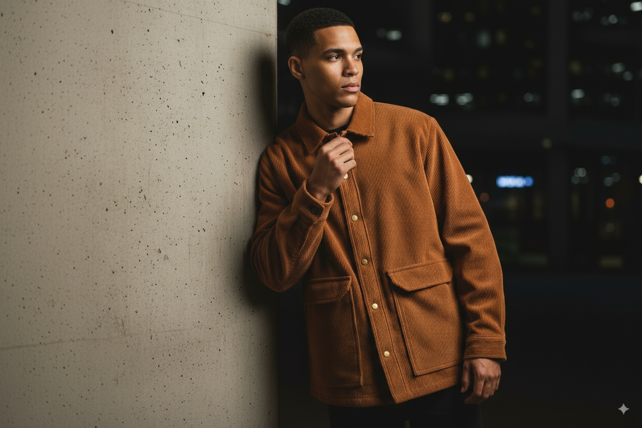 Man wearing a brown jacket leaning against a wall at night.
