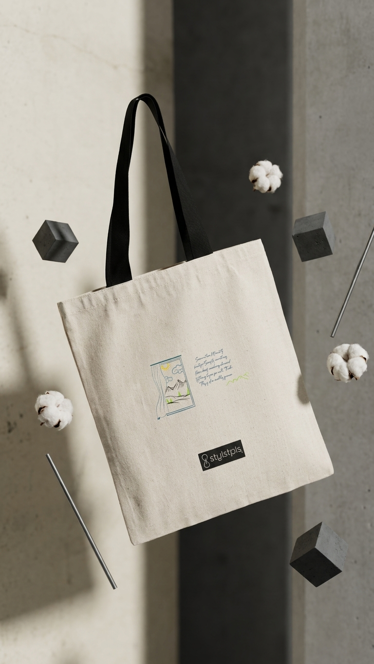 Beige tote bag with a brand logo on a textured wall background
