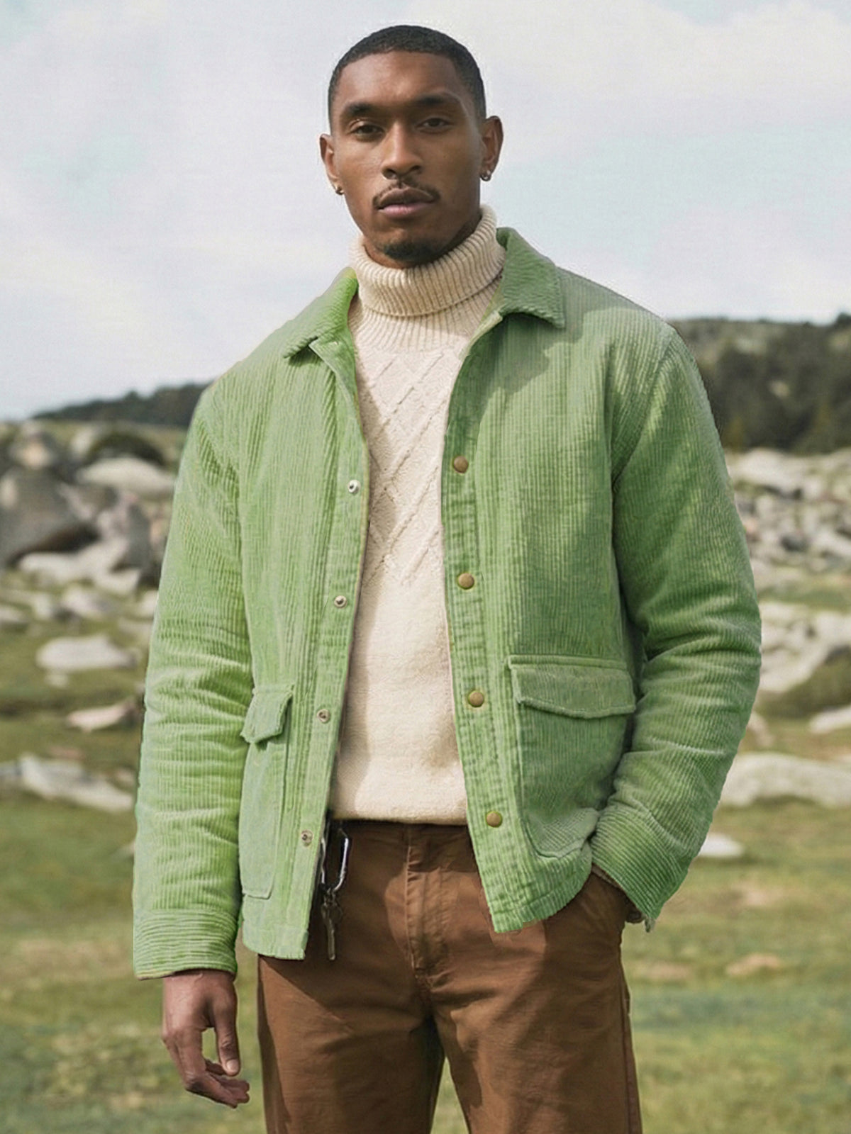 Man wearing a green jacket over a beige sweater in a natural setting
